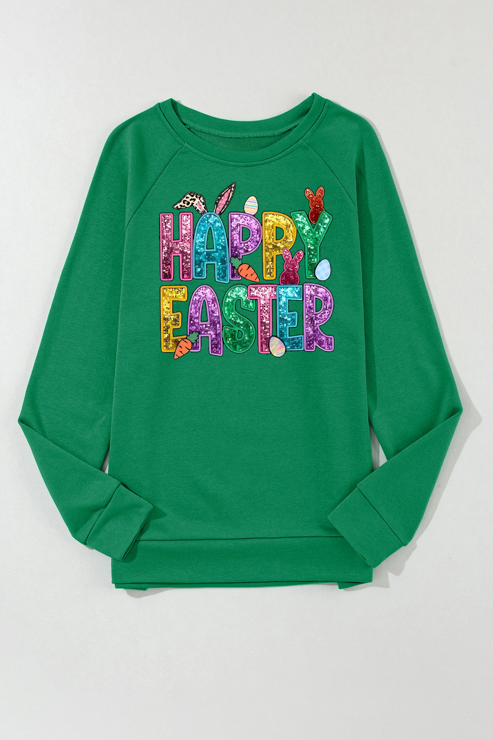 Happy Easter Bunny Solid Round Neck Raglan Sleeve Sweatshirt