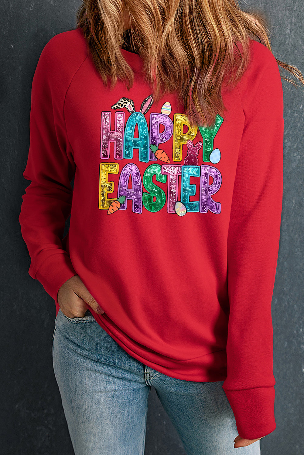 Happy Easter Bunny Solid Round Neck Raglan Sleeve Sweatshirt