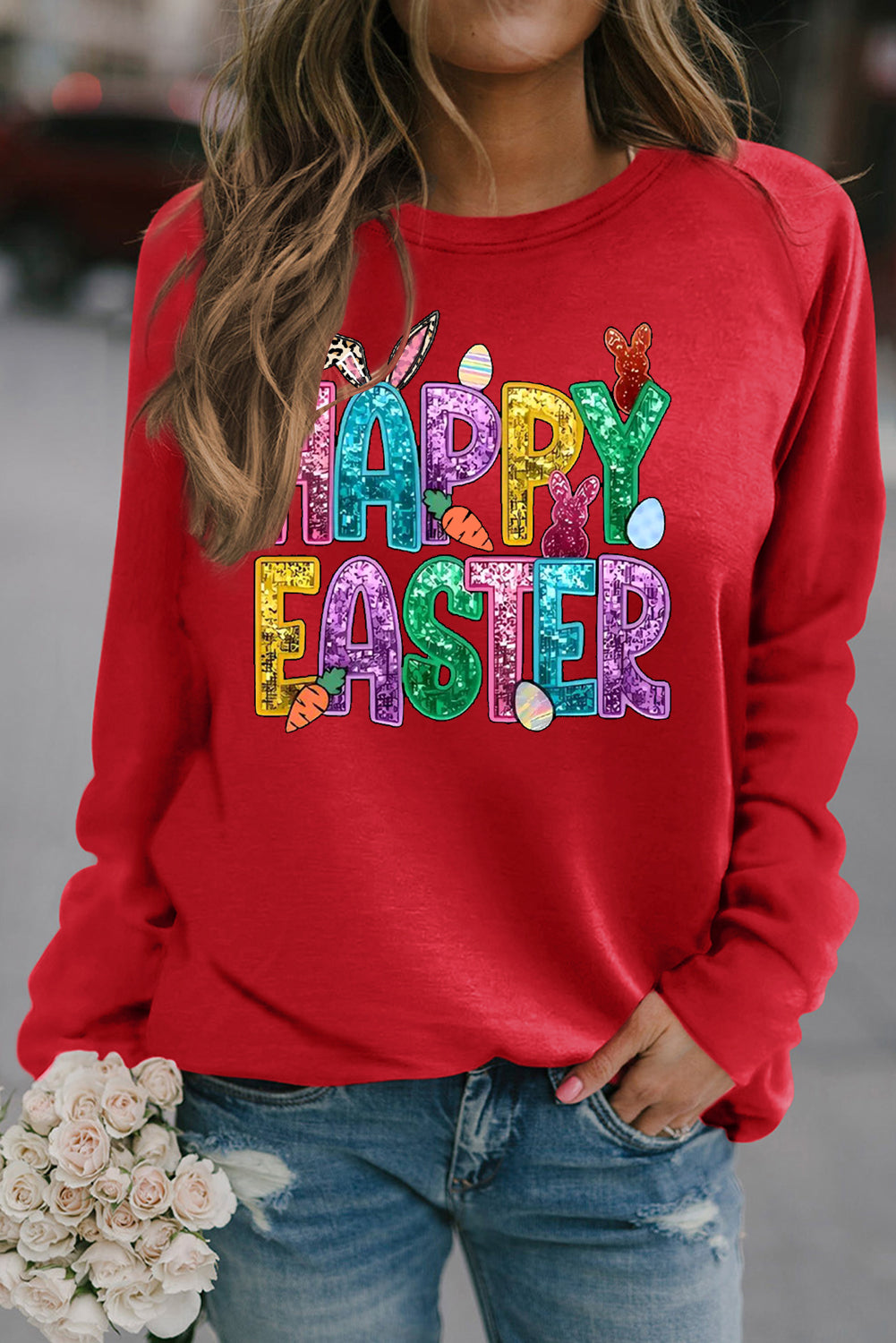 Happy Easter Bunny Solid Round Neck Raglan Sleeve Sweatshirt