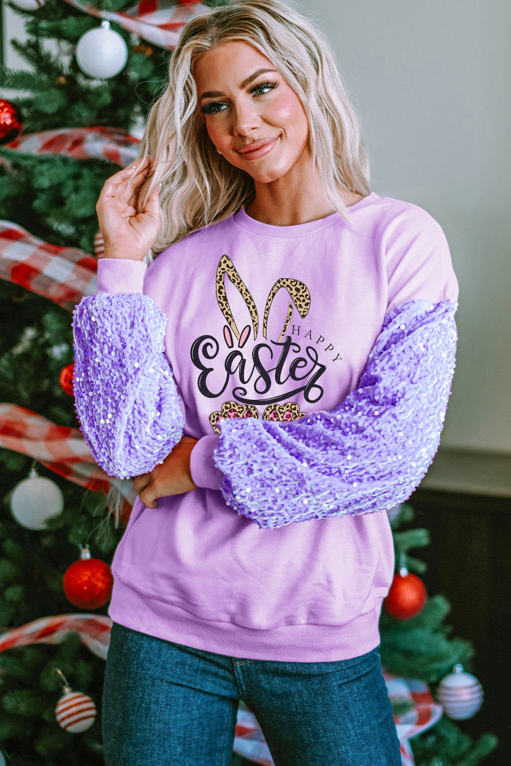 Easter Leopard Bunny Sequin Patchwork Long Sleeve Pullover