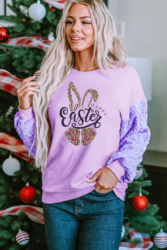 Easter Leopard Bunny Sequin Patchwork Long Sleeve Pullover
