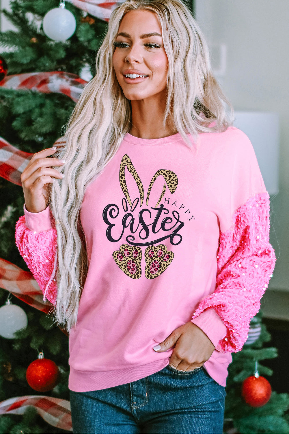 Easter Leopard Bunny Sequin Patchwork Long Sleeve Pullover