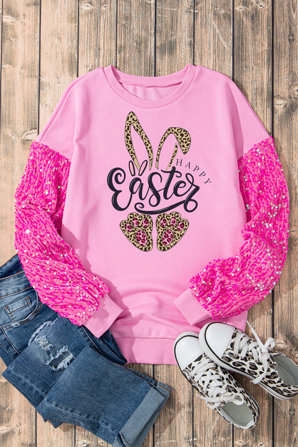 Easter Leopard Bunny Sequin Patchwork Long Sleeve Pullover