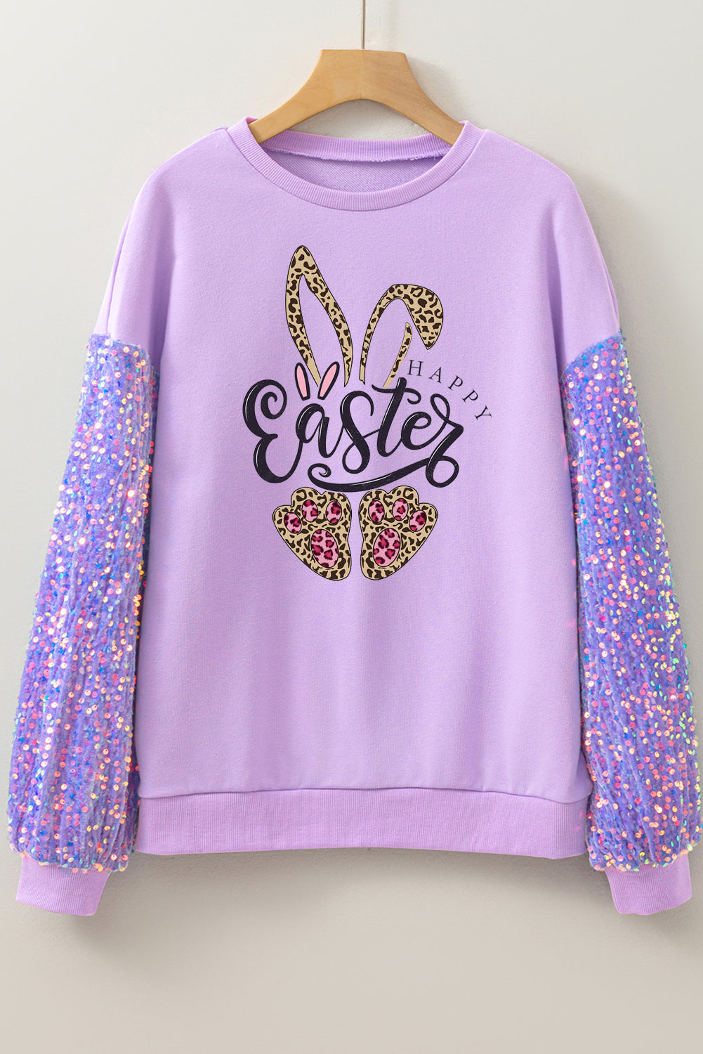 Easter Leopard Bunny Sequin Patchwork Long Sleeve Pullover