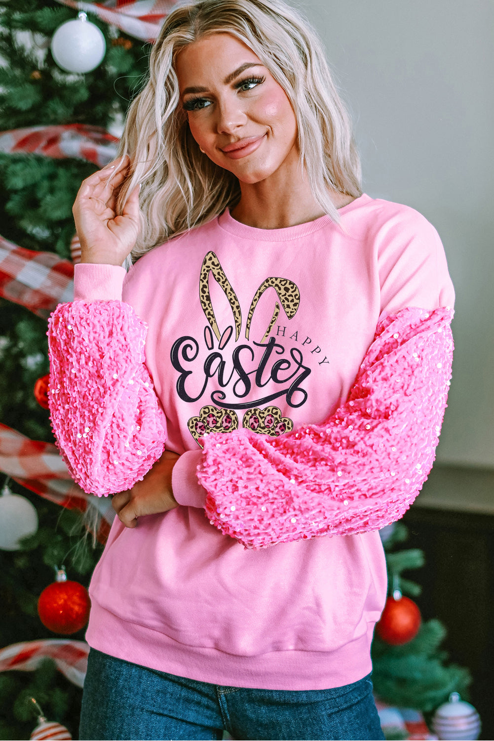 Easter Leopard Bunny Sequin Patchwork Long Sleeve Pullover