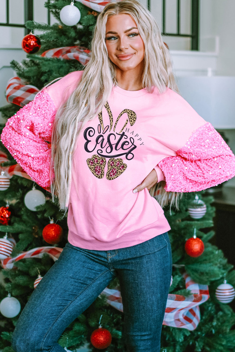 Easter Leopard Bunny Sequin Patchwork Long Sleeve Pullover
