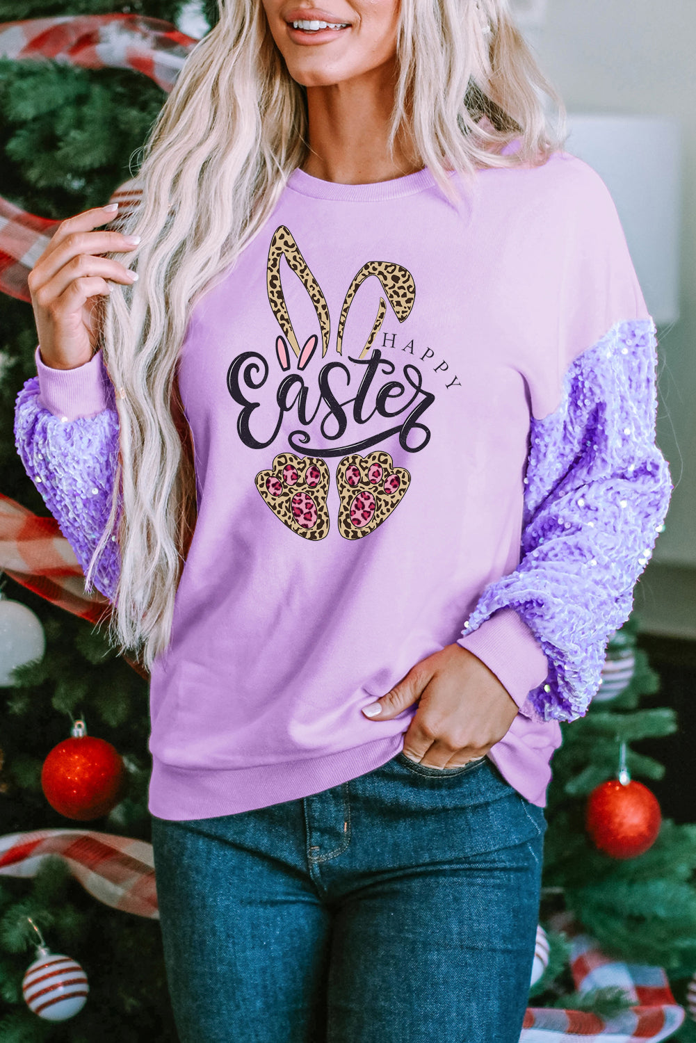 Easter Leopard Bunny Sequin Patchwork Long Sleeve Pullover