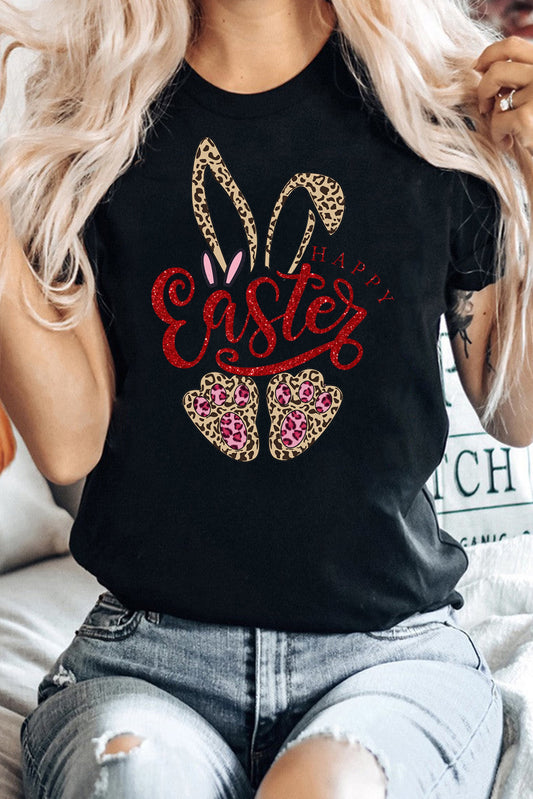Easter Leopard Bunny Graphic Crew Neck T-Shirt
