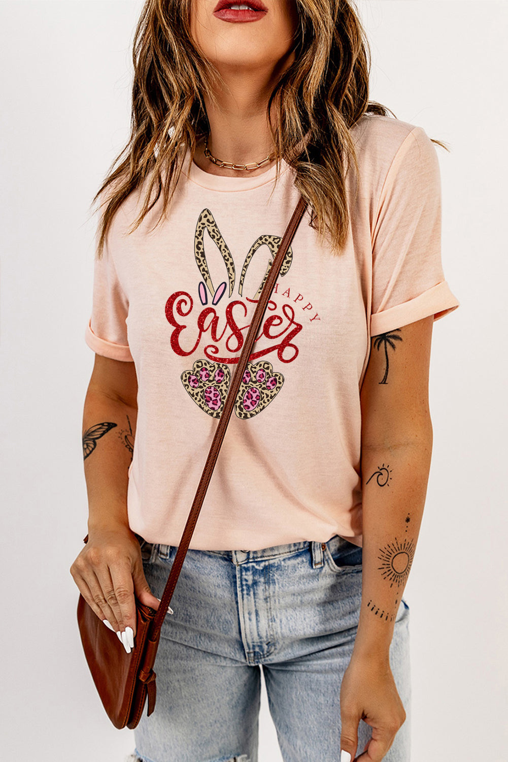 Easter Leopard Bunny Graphic Solid Crew Neck T-Shirt