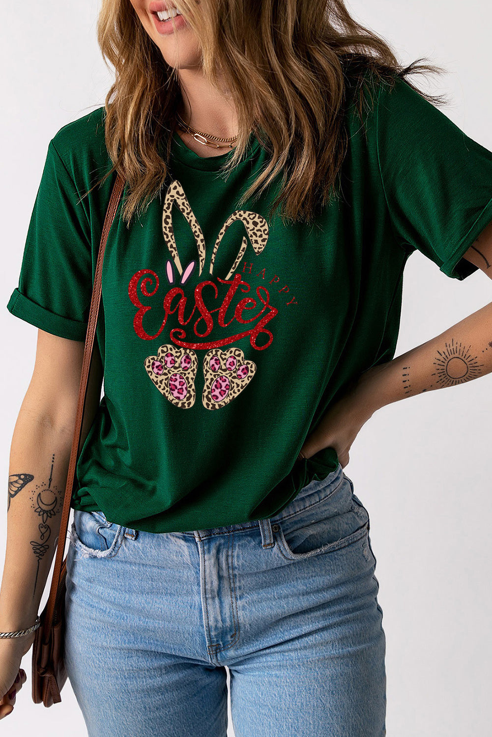 Easter Leopard Bunny Graphic Solid Crew Neck T-Shirt