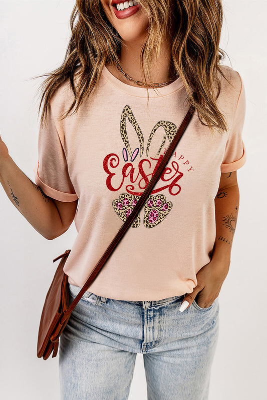 Easter Leopard Bunny Graphic Solid Crew Neck T-Shirt