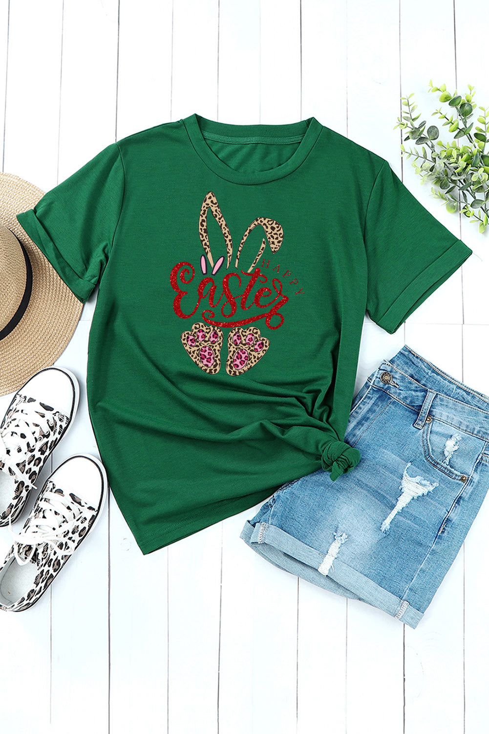 Easter Leopard Bunny Graphic Solid Crew Neck T-Shirt