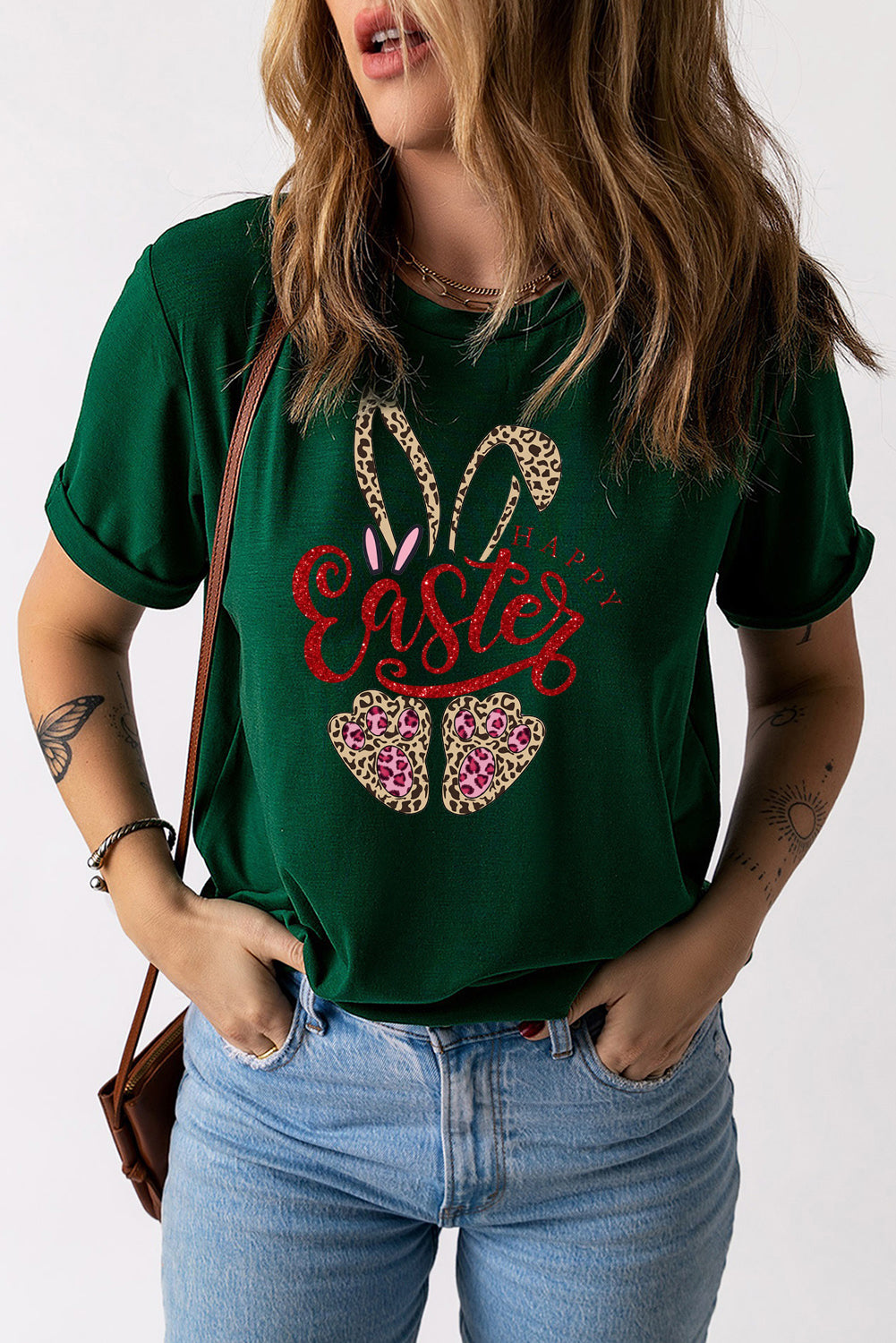 Easter Leopard Bunny Graphic Solid Crew Neck T-Shirt