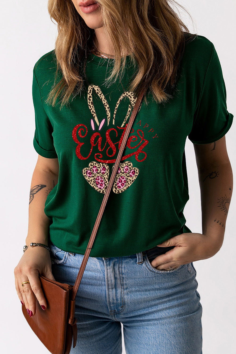 Easter Leopard Bunny Graphic Solid Crew Neck T-Shirt