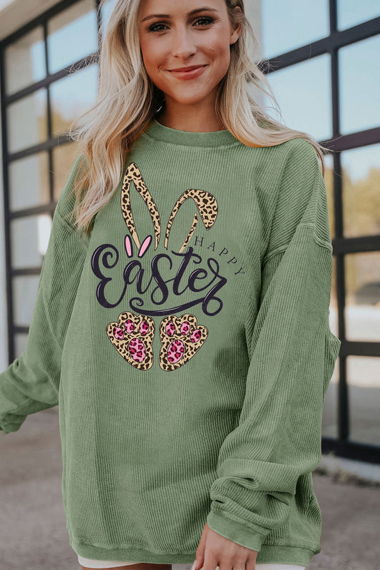 Easter Leopard Bunny Graphic Ribbed Corduroy Oversized Pullover