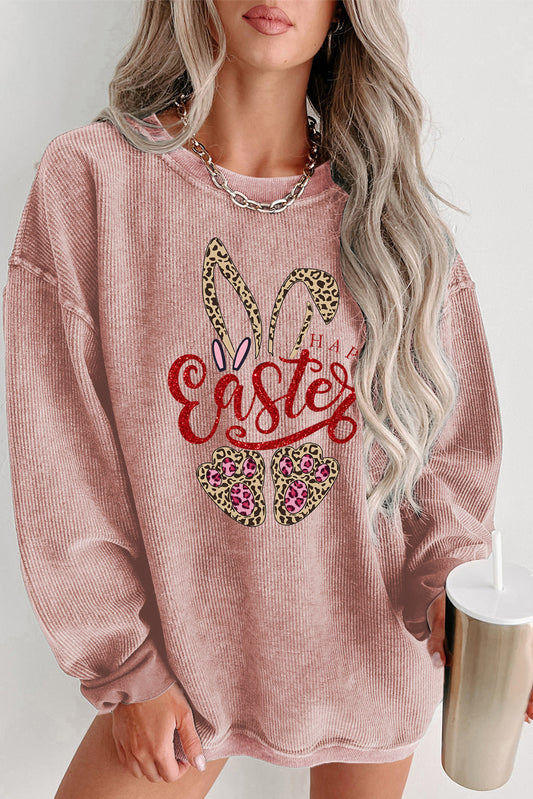 Ester Leopard Bunny Graphic Ribbed Knit Crew Neck Sweatshirt