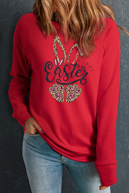 Easter Leopard Bunny Graphic Raglan Sleeve Crew Neck Sweatshirt