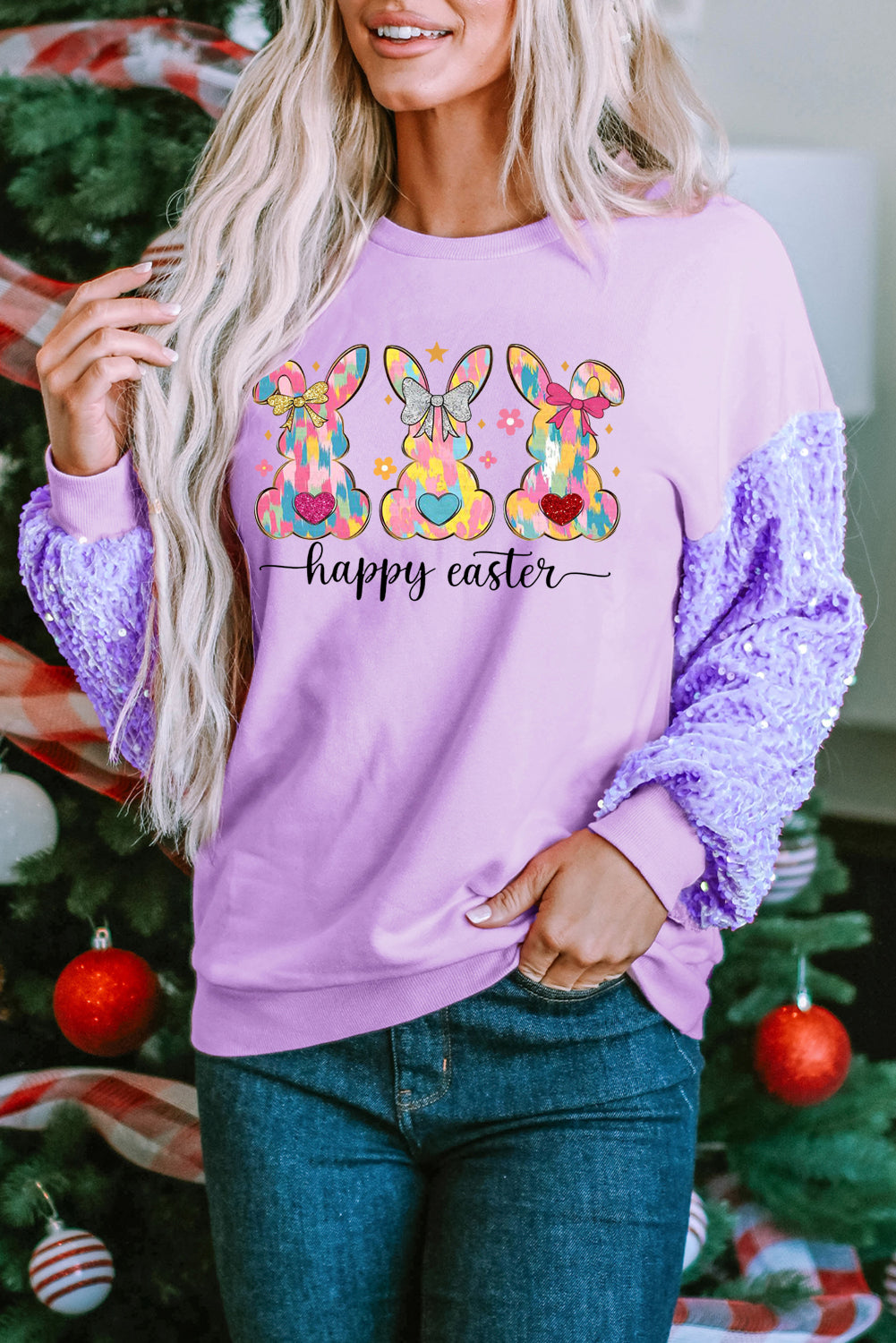 Easter Bunny Sequin Patchwork Long Sleeve Pullover