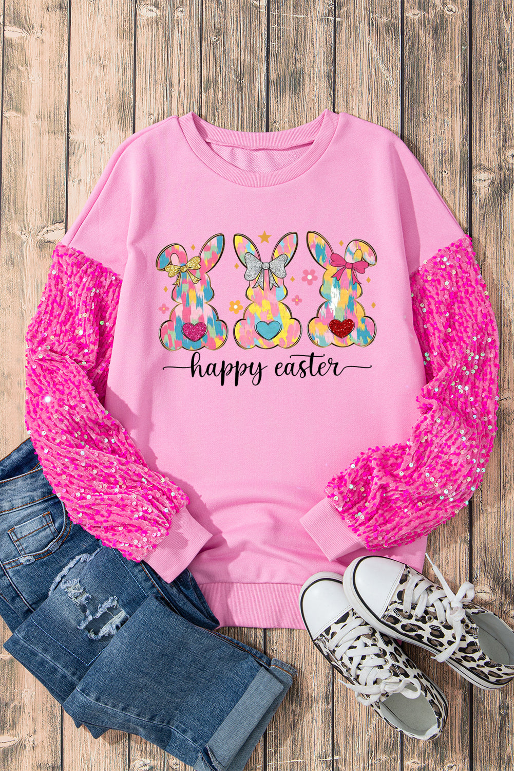 Easter Bunny Sequin Patchwork Long Sleeve Pullover