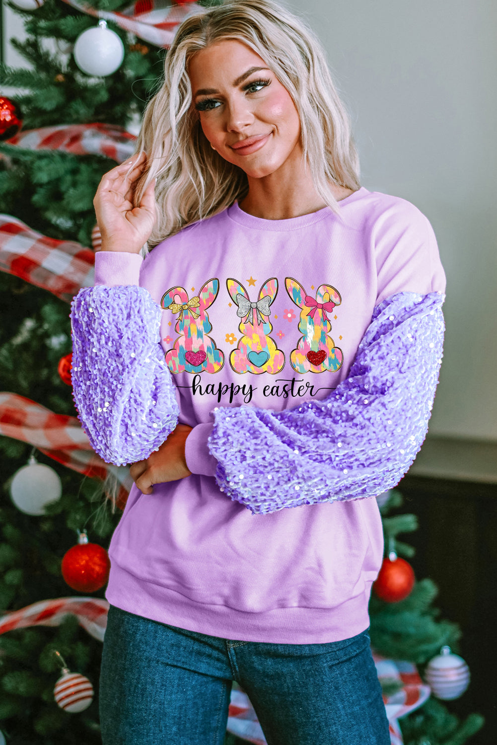 Easter Bunny Sequin Patchwork Long Sleeve Pullover