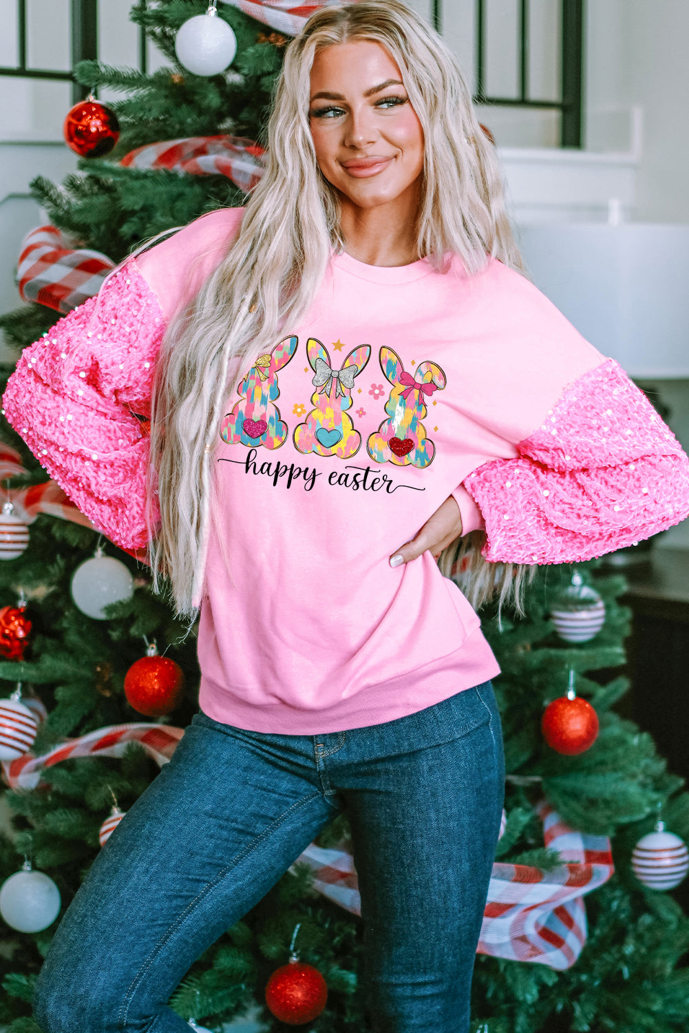 Easter Bunny Sequin Patchwork Long Sleeve Pullover