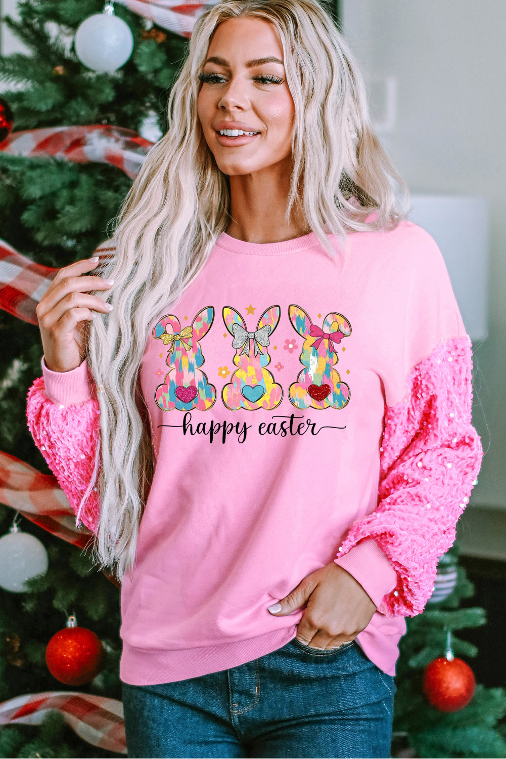 Easter Bunny Sequin Patchwork Long Sleeve Pullover