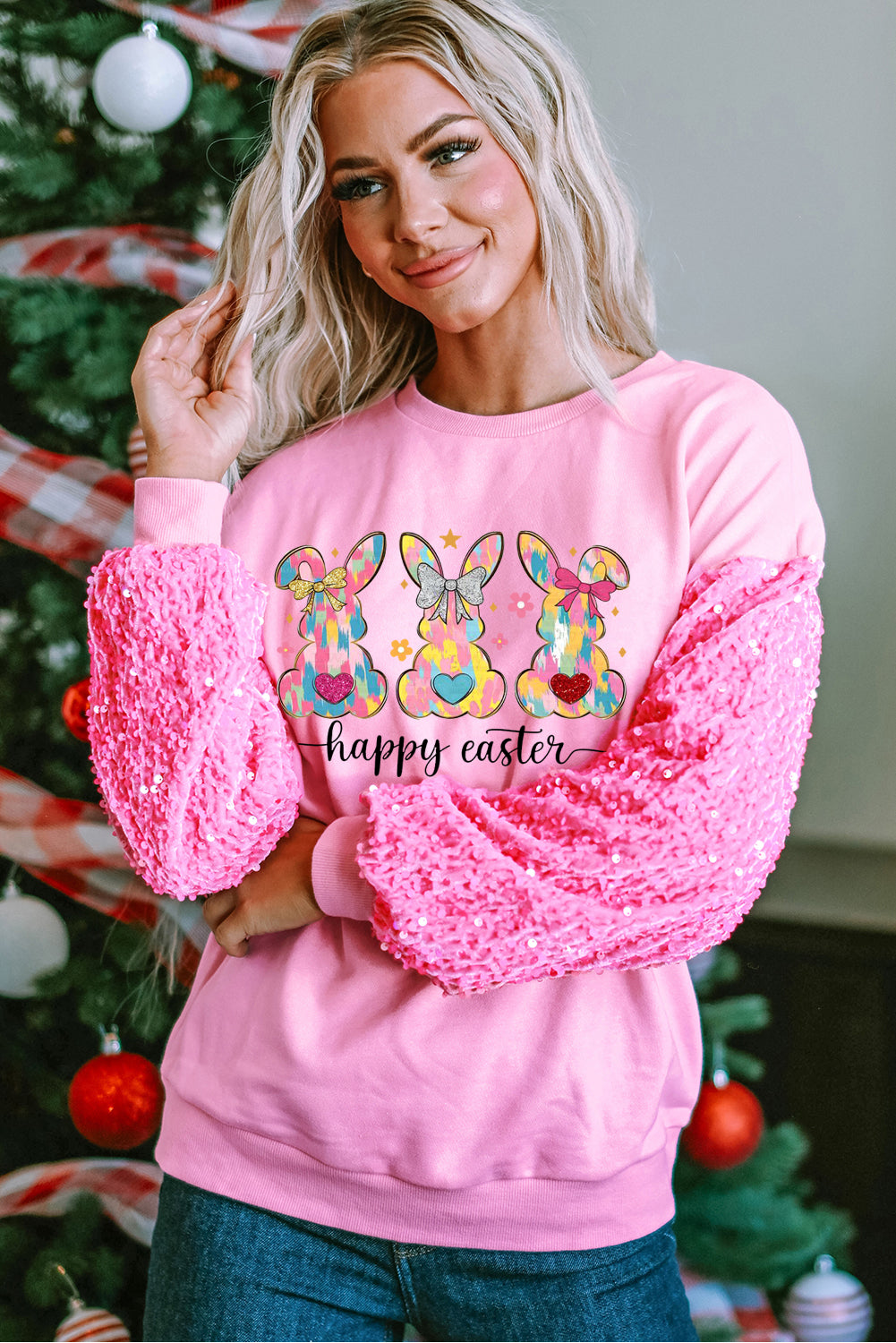 Easter Bunny Sequin Patchwork Long Sleeve Pullover