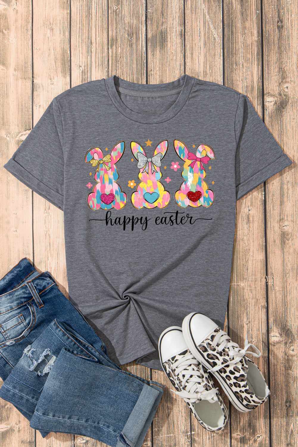 Easter Bunny Solid Color Casual Plain Crew Neck Tee