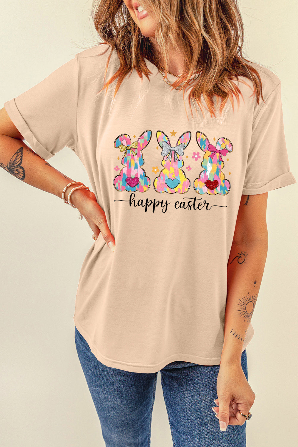 Easter Bunny Solid Color Casual Plain Crew Neck Tee