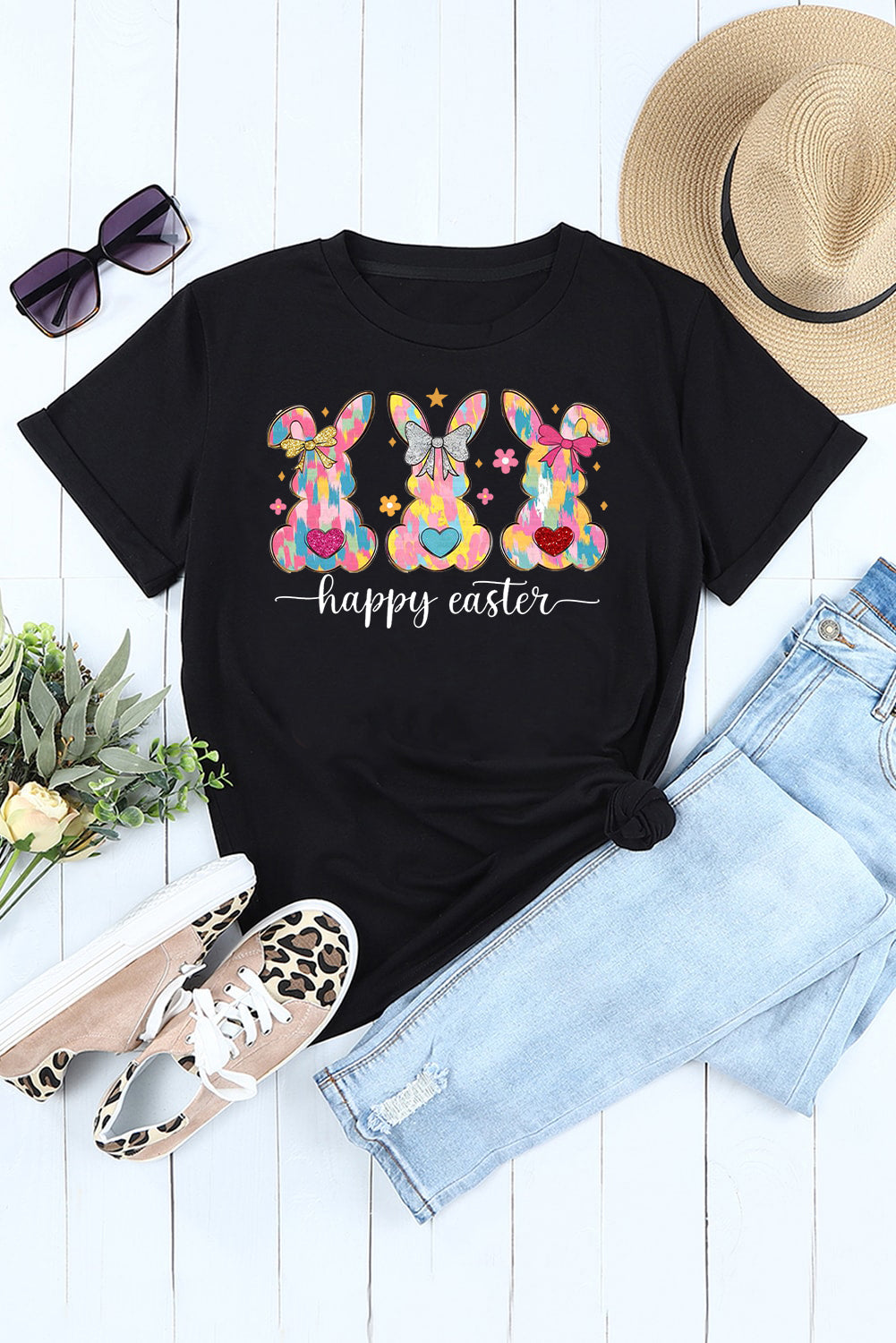 Easter Bunny Solid Color Casual Plain Crew Neck Tee