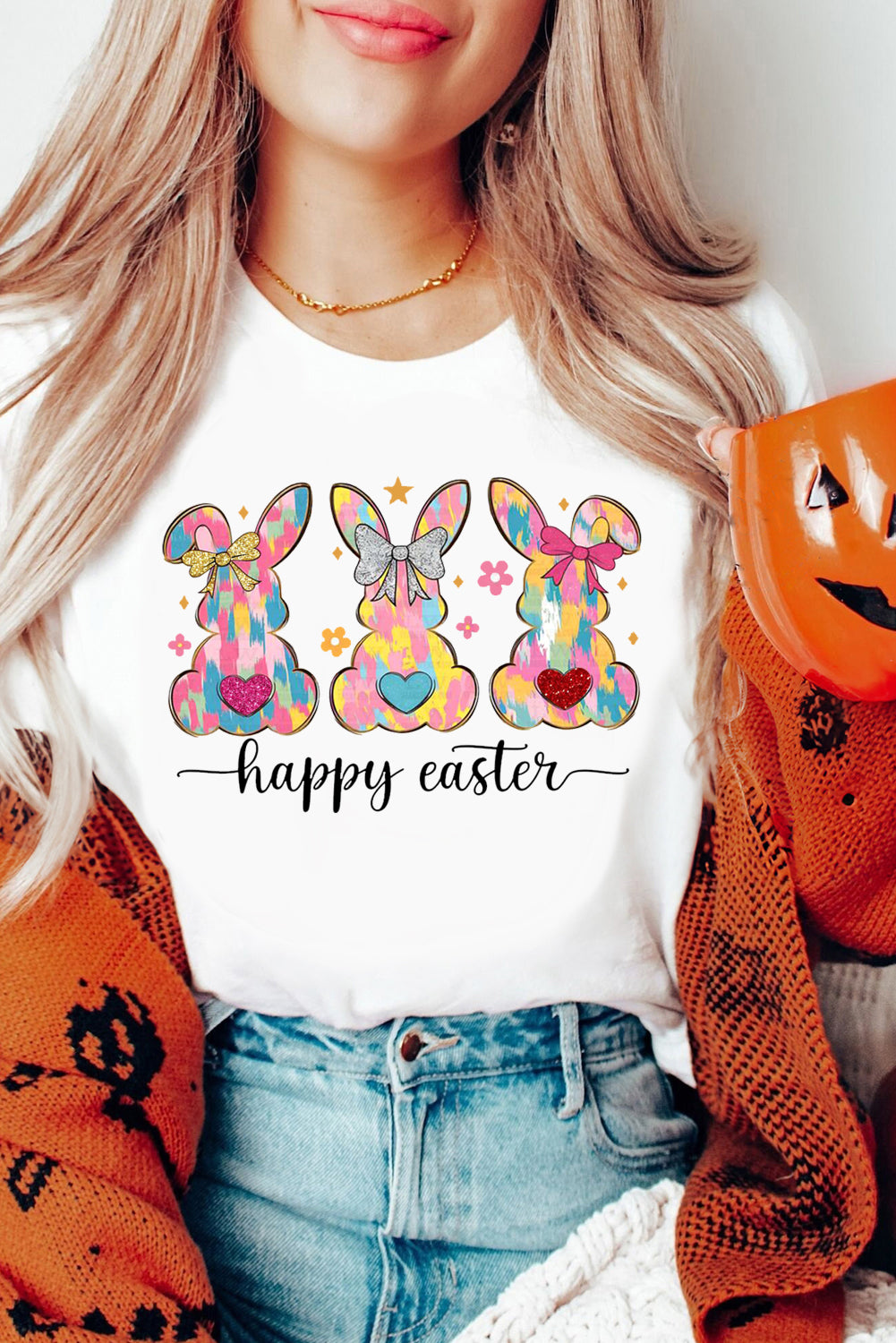 Easter Bunny Solid Color Casual Plain Crew Neck Tee