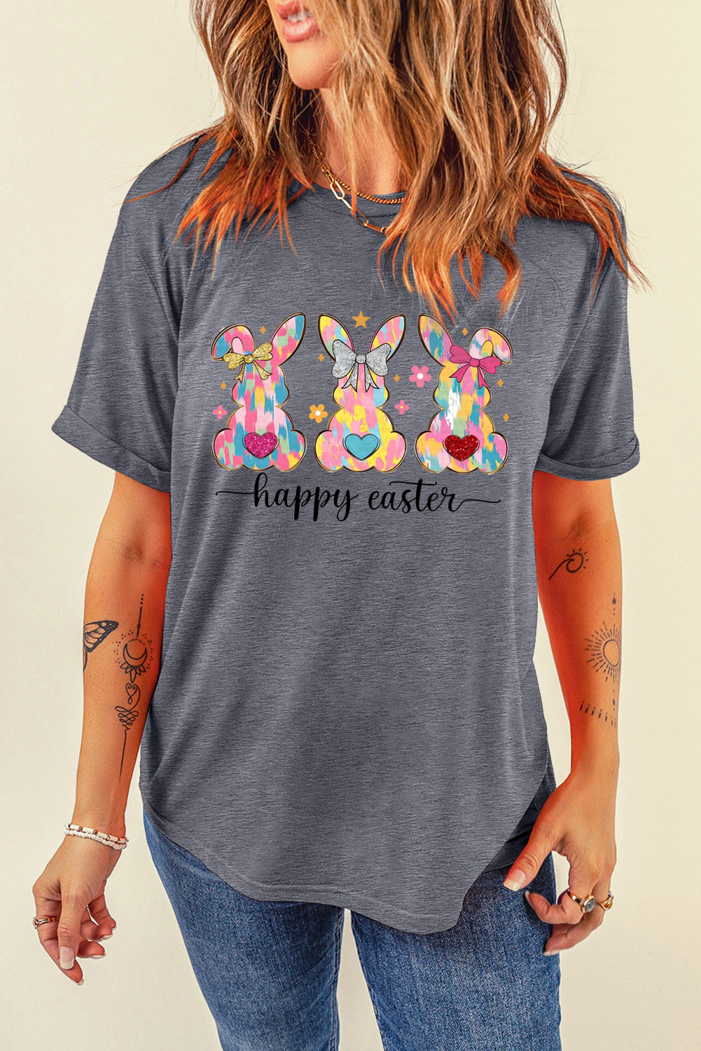 Easter Bunny Solid Color Casual Plain Crew Neck Tee