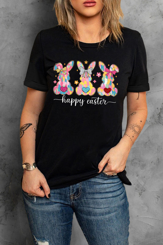 Easter Bunny Solid Color Casual Plain Crew Neck Tee