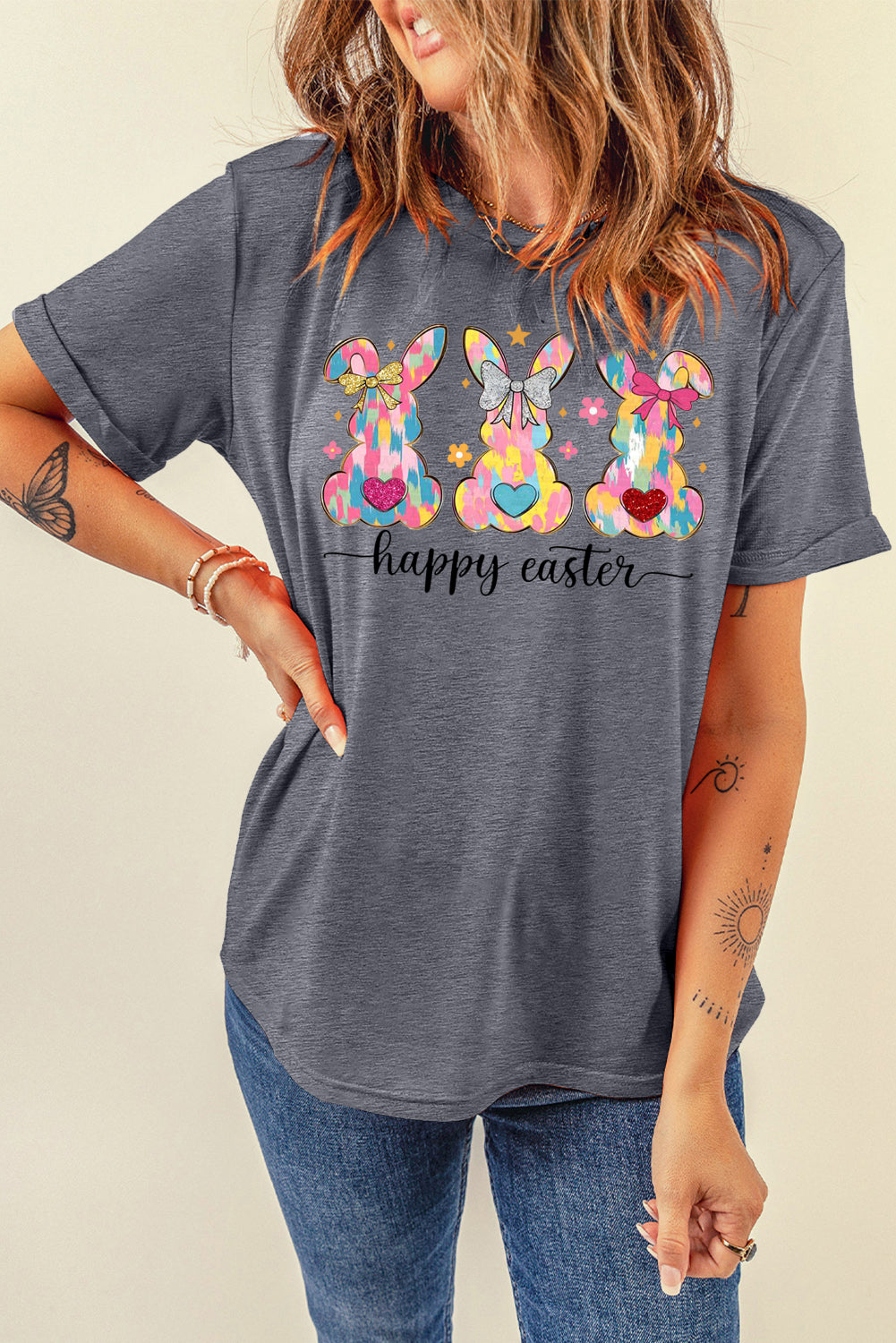 Easter Bunny Solid Color Casual Plain Crew Neck Tee