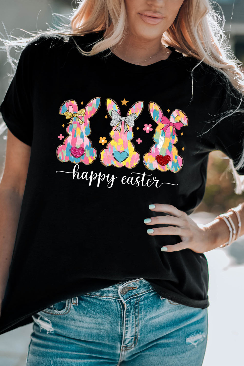 Easter Bunny Solid Color Casual Plain Crew Neck Tee