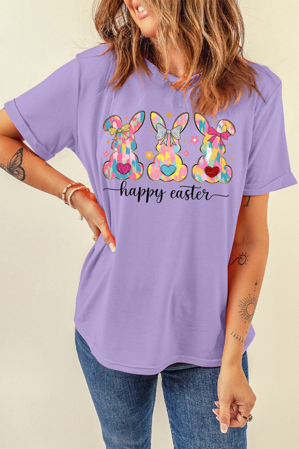 Easter Bunny Solid Color Casual Plain Crew Neck Tee