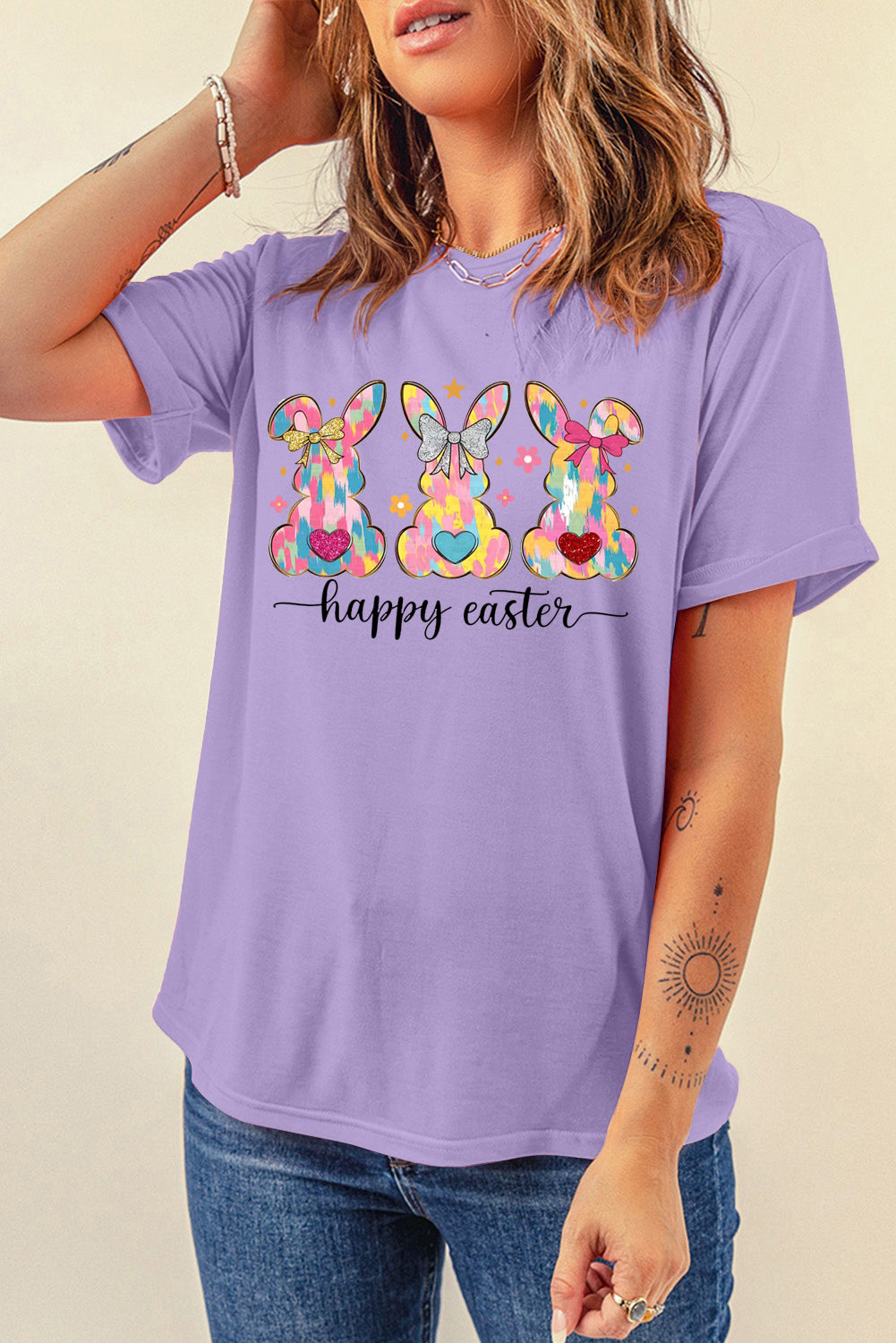 Easter Bunny Solid Color Casual Plain Crew Neck Tee