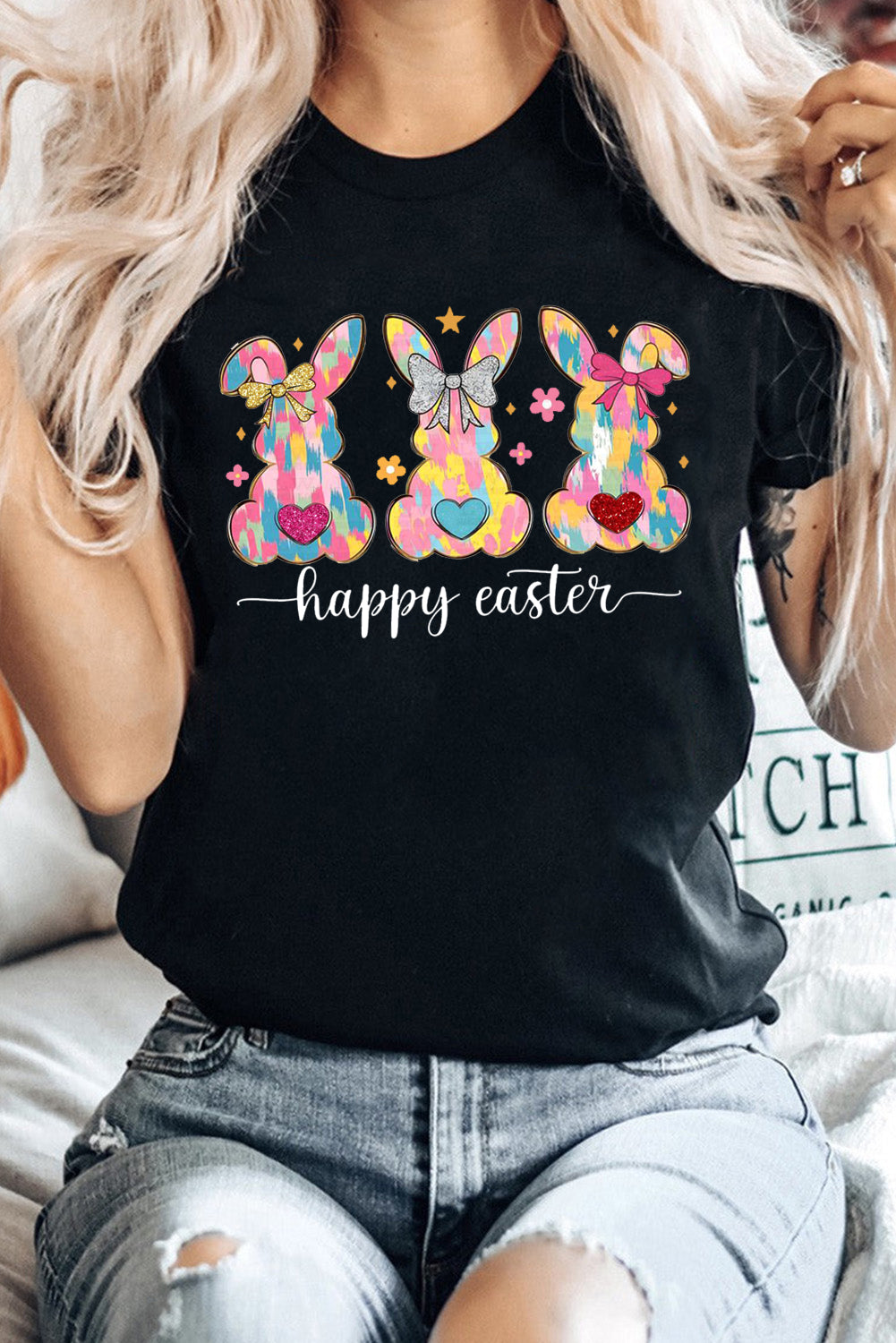 Easter Bunny Solid Color Casual Plain Crew Neck Tee