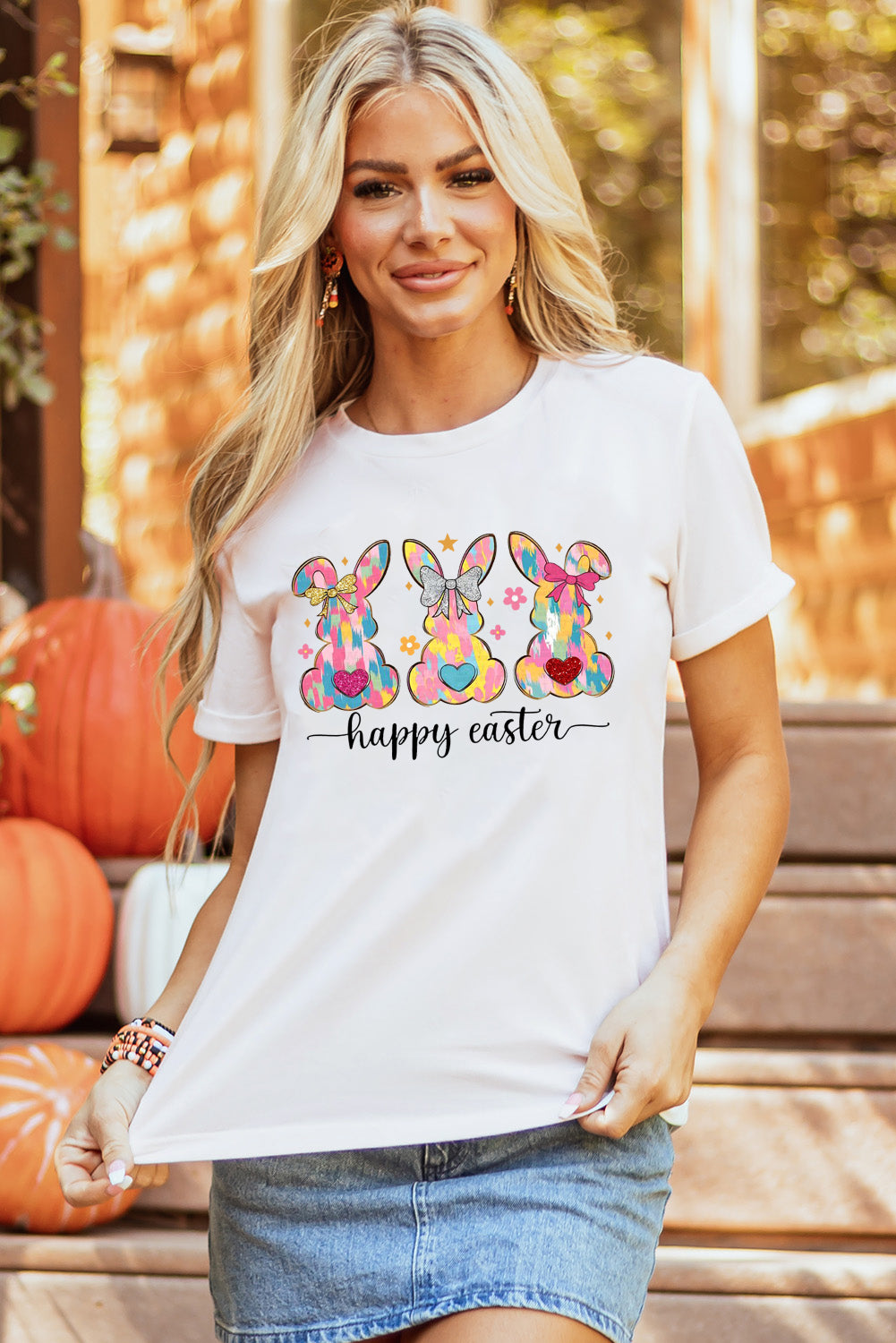 Easter Bunny Solid Color Casual Plain Crew Neck Tee
