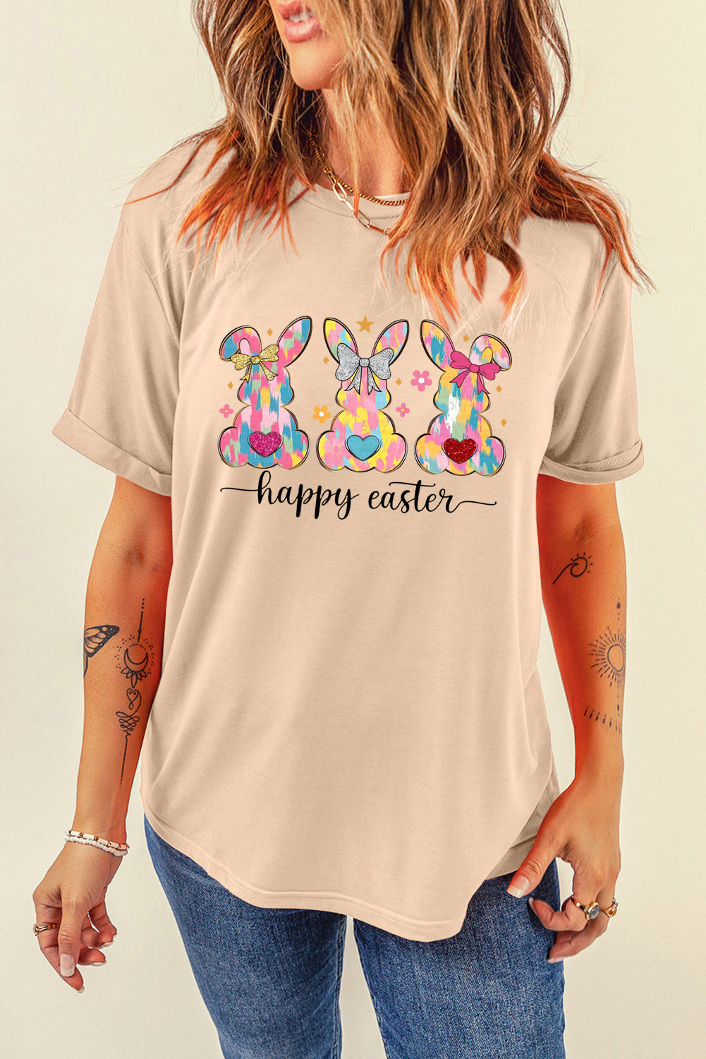 Easter Bunny Solid Color Casual Plain Crew Neck Tee