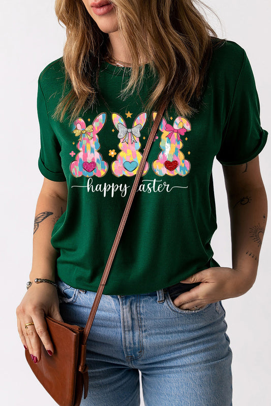 Solid Color Crew Neck T-Shirt with Easter Bunny Design