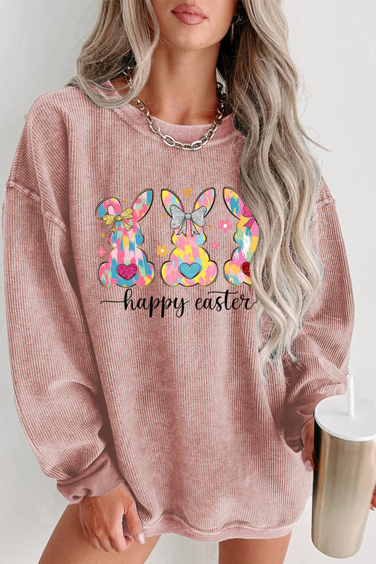 Easter Bunny Ribbed Knit Round Neck Pullover Sweatshirt