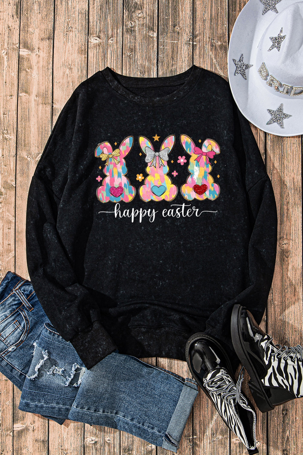 Easter Bunny Drop Shoulder Ribbed Trim Oversized Sweatshirt