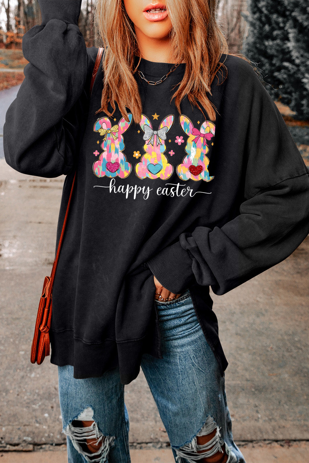 Easter Bunny Drop Shoulder Ribbed Trim Oversized Sweatshirt