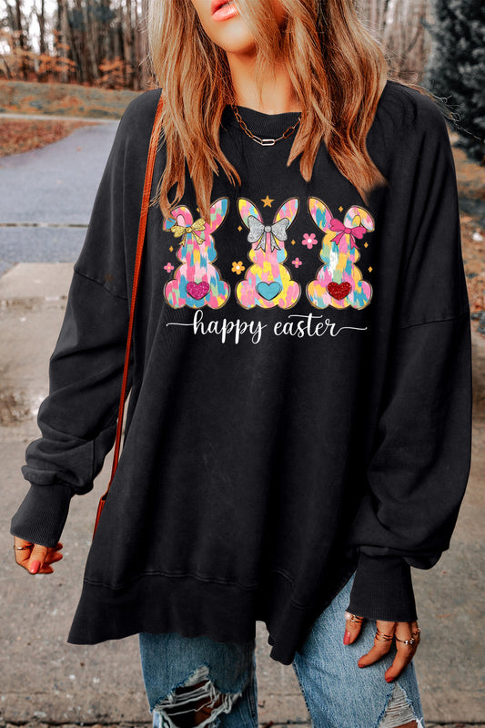 Easter Bunny Drop Shoulder Ribbed Trim Oversized Sweatshirt