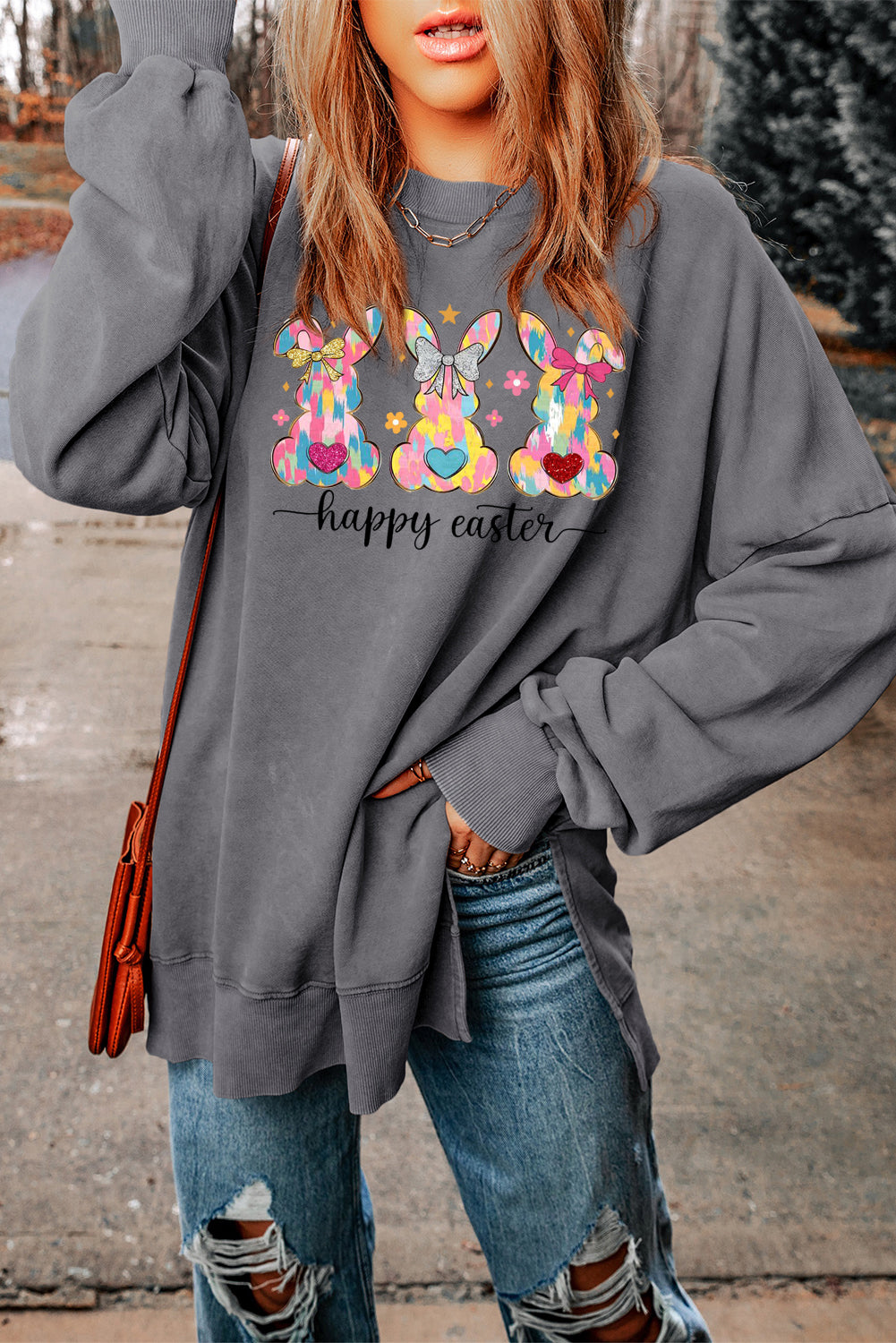 Easter Bunny Drop Shoulder Ribbed Trim Oversized Sweatshirt
