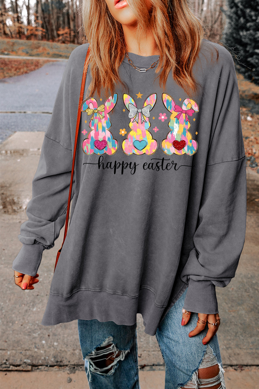 Easter Bunny Drop Shoulder Ribbed Trim Oversized Sweatshirt