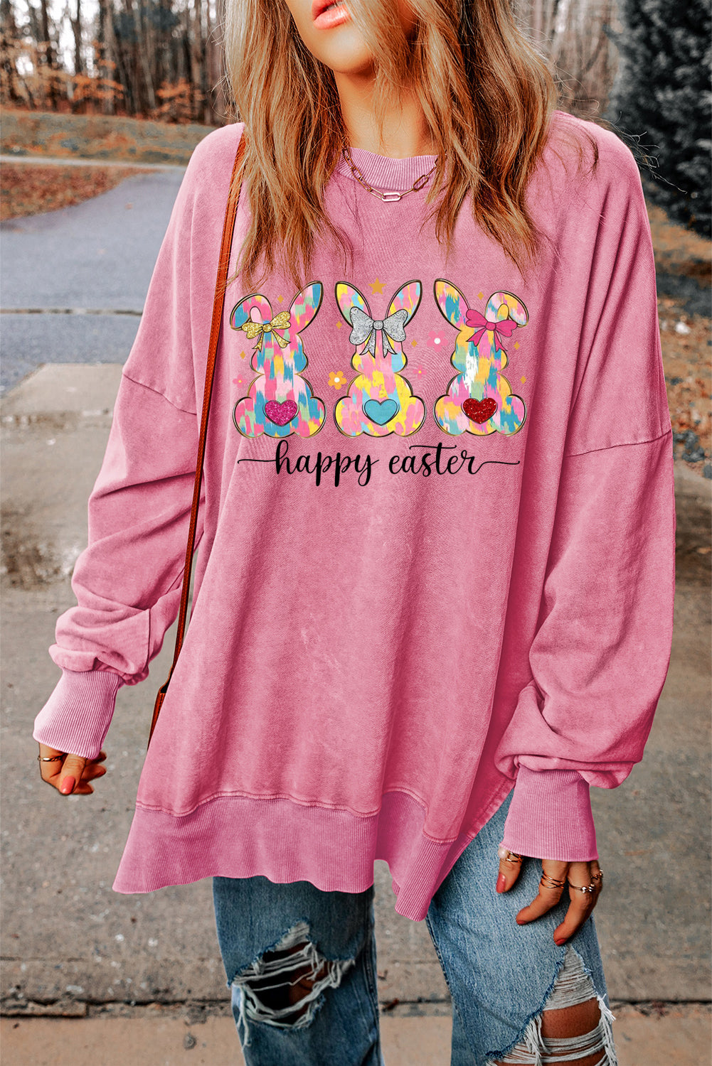 Easter Bunny Drop Shoulder Ribbed Trim Oversized Sweatshirt