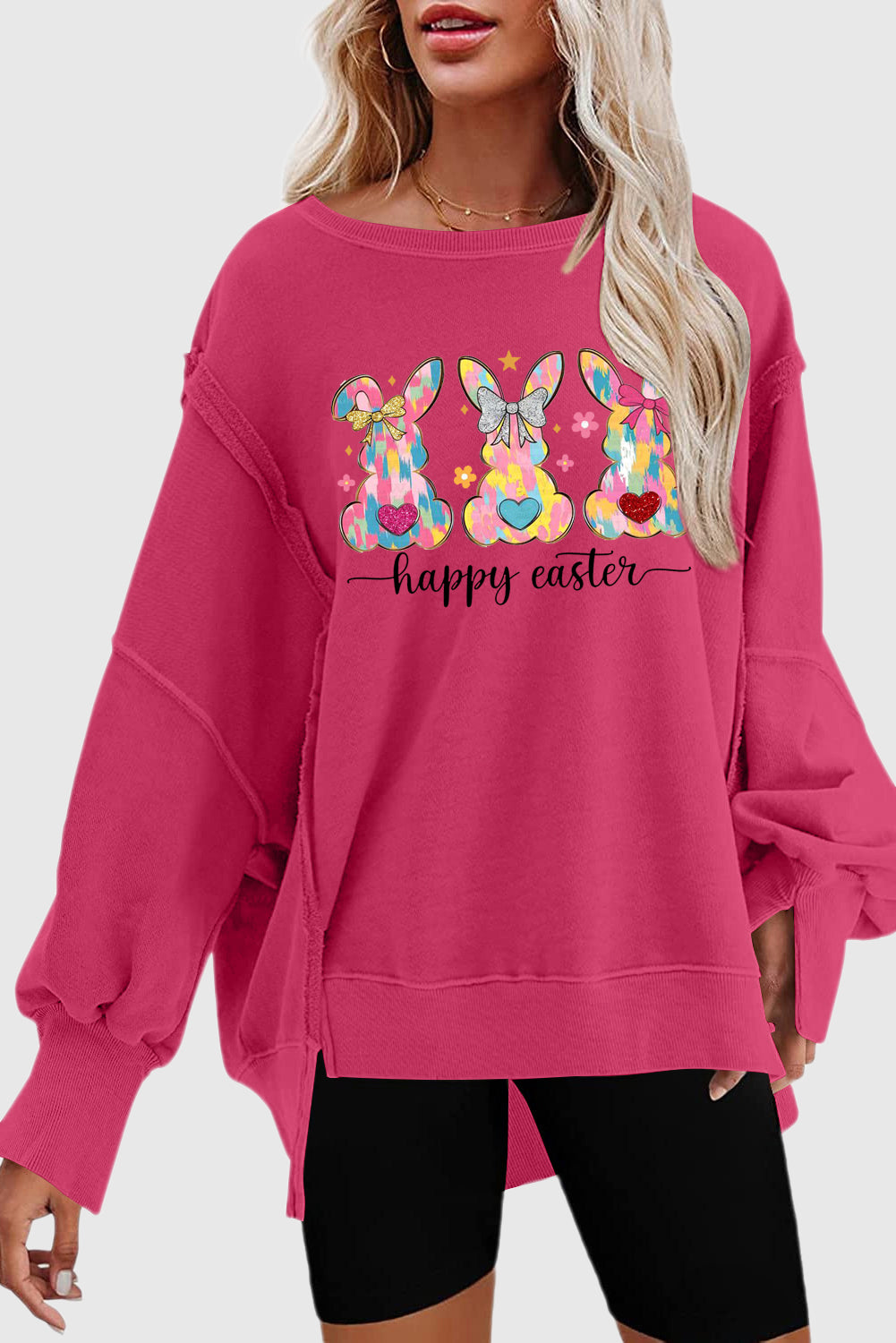 Easter Bunny Exposed Seam Drop Shoulder High-Low Sweatshirt