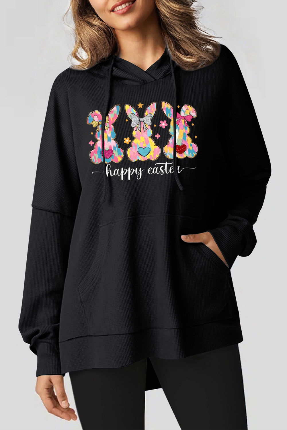 Easter Bunny Waffle Knit Fleece Lined High Low Oversized Hoodie